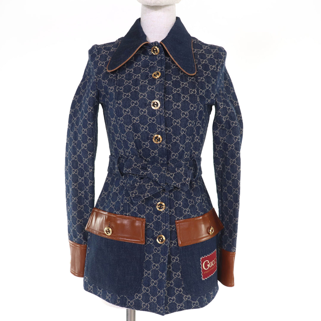 Pristine GUCCI Denim Jacket GG washed organic leather Indigo Women 34 652658