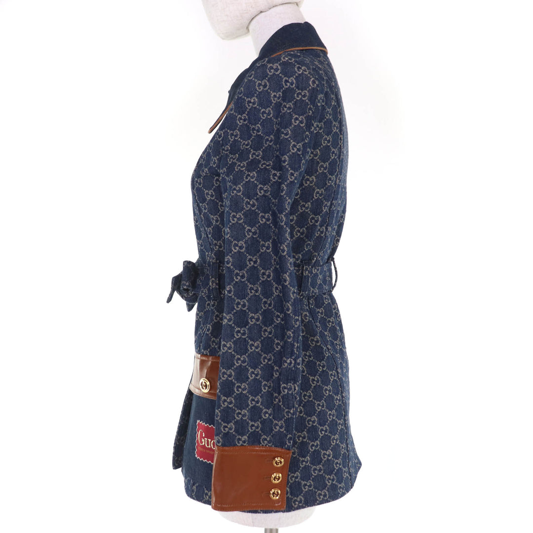 Pristine GUCCI Denim Jacket GG washed organic leather Indigo Women 34 652658