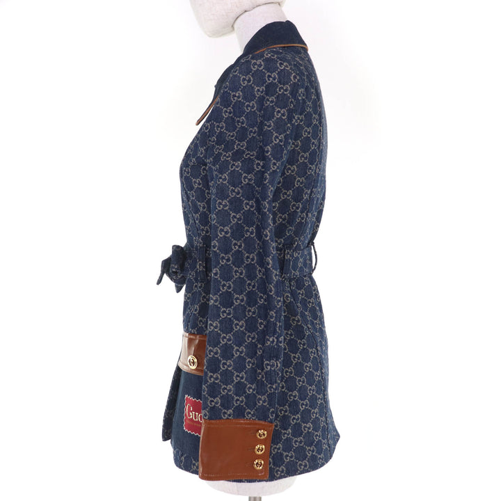 Pristine GUCCI Denim Jacket GG washed organic leather Indigo Women 34 652658