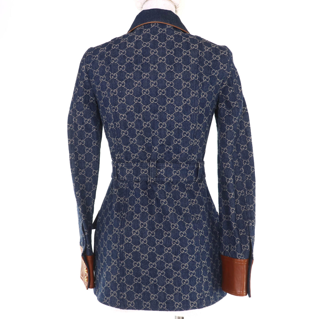 Pristine GUCCI Denim Jacket GG washed organic leather Indigo Women 34 652658