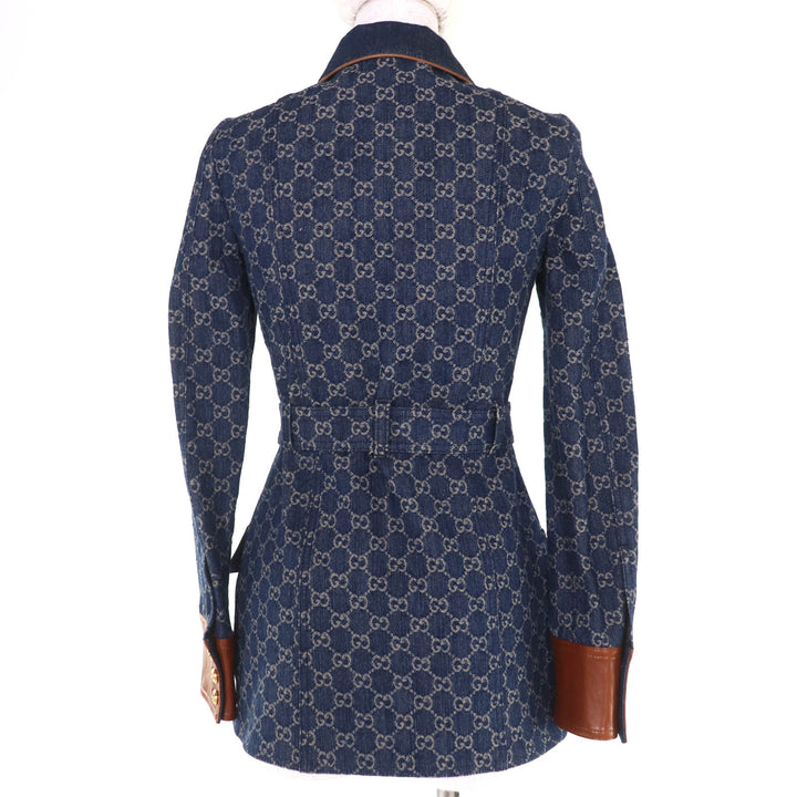 Pristine GUCCI Denim Jacket GG washed organic leather Indigo Women 34 652658