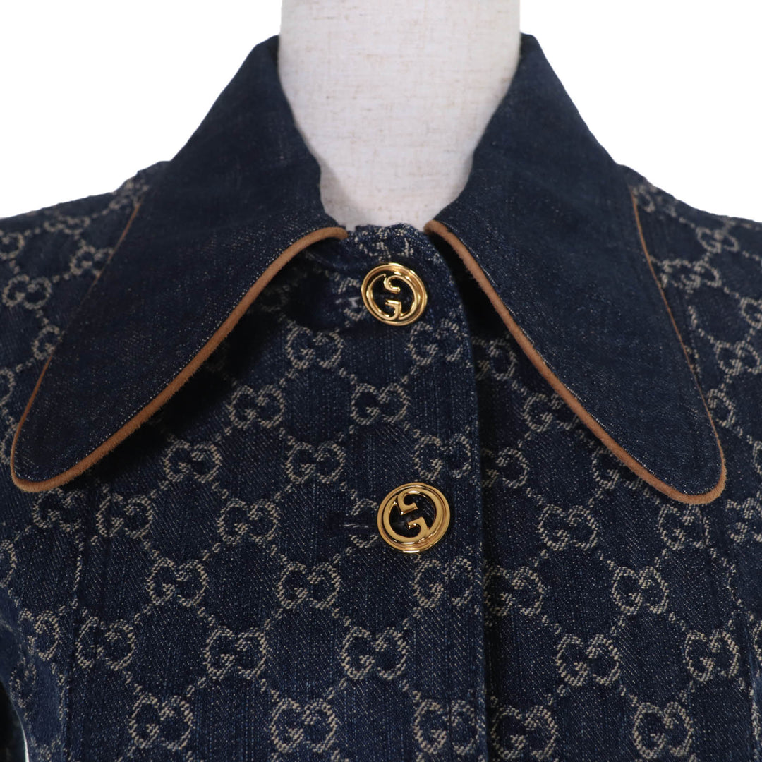 Pristine GUCCI Denim Jacket GG washed organic leather Indigo Women 34 652658