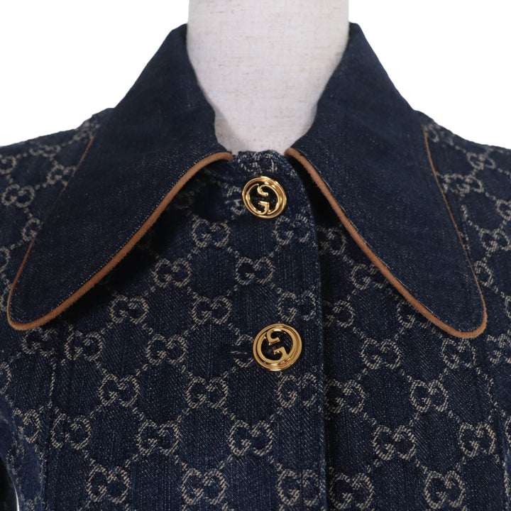 Pristine GUCCI Denim Jacket GG washed organic leather Indigo Women 34 652658