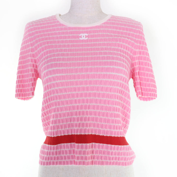 Excellent CHANEL Short sleeve knit COCO Mark pink Women 36 24P P76857K11060