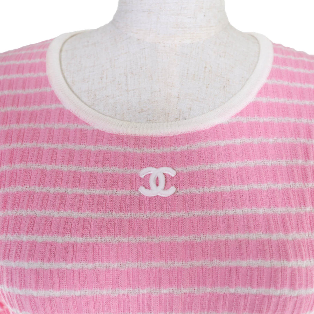 Excellent CHANEL Short sleeve knit COCO Mark pink Women 36 24P P76857K11060