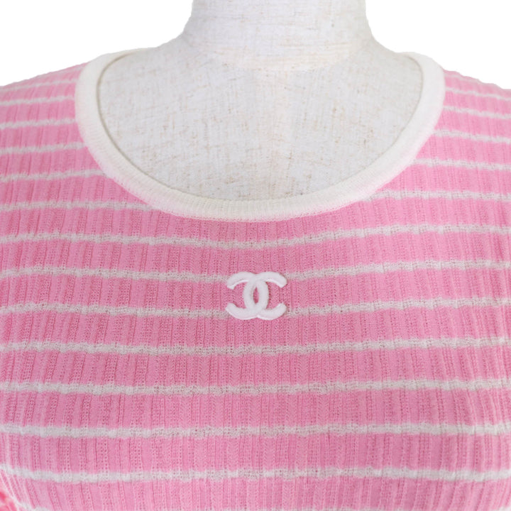 Excellent CHANEL Short sleeve knit COCO Mark pink Women 36 24P P76857K11060