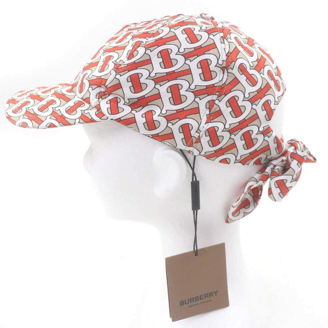 Pristine BURBERRY cap TB logo all-over print back ribbon beige silk Women