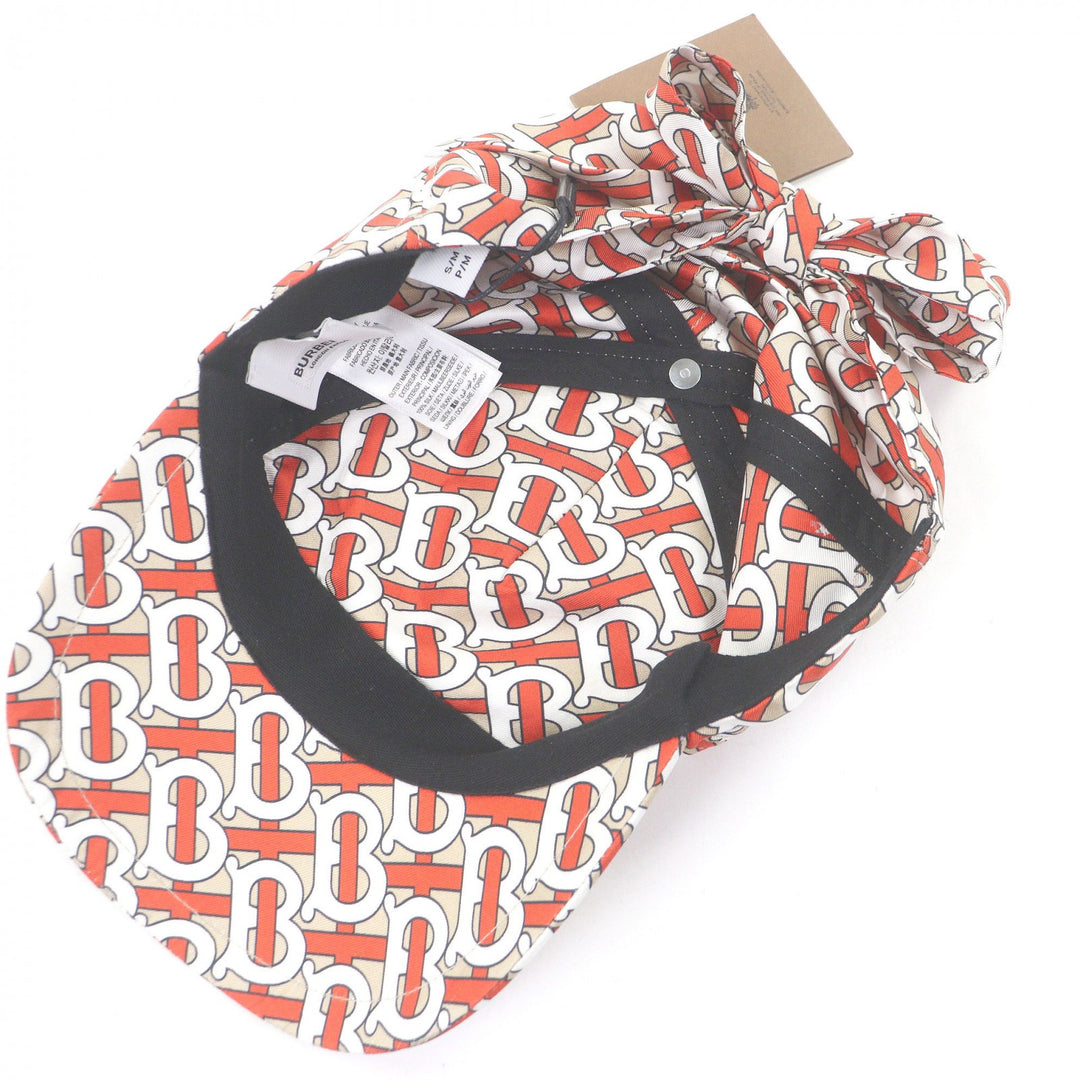 Pristine BURBERRY cap TB logo all-over print back ribbon beige silk Women
