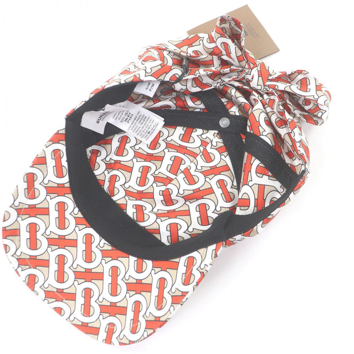 Pristine BURBERRY cap TB logo all-over print back ribbon beige silk Women
