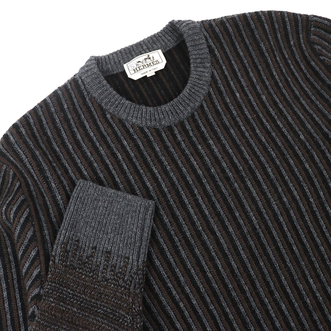 Pristine HERMES knit Striped Pattern Long Sleeve Knit Sweater gray wool mens M