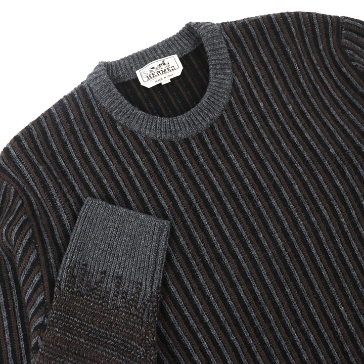 Pristine HERMES knit Striped Pattern Long Sleeve Knit Sweater gray wool mens M