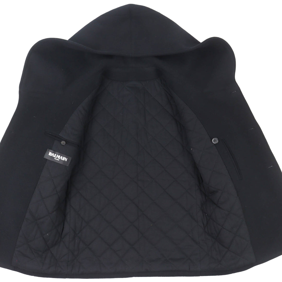 Great BALMAIN Emblem Button Padded Hooded P-Coat black wool mens 44 W5HT862D162
