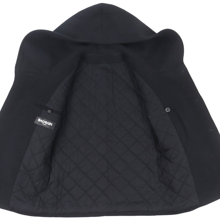 Great BALMAIN Emblem Button Padded Hooded P-Coat black wool mens 44 W5HT862D162