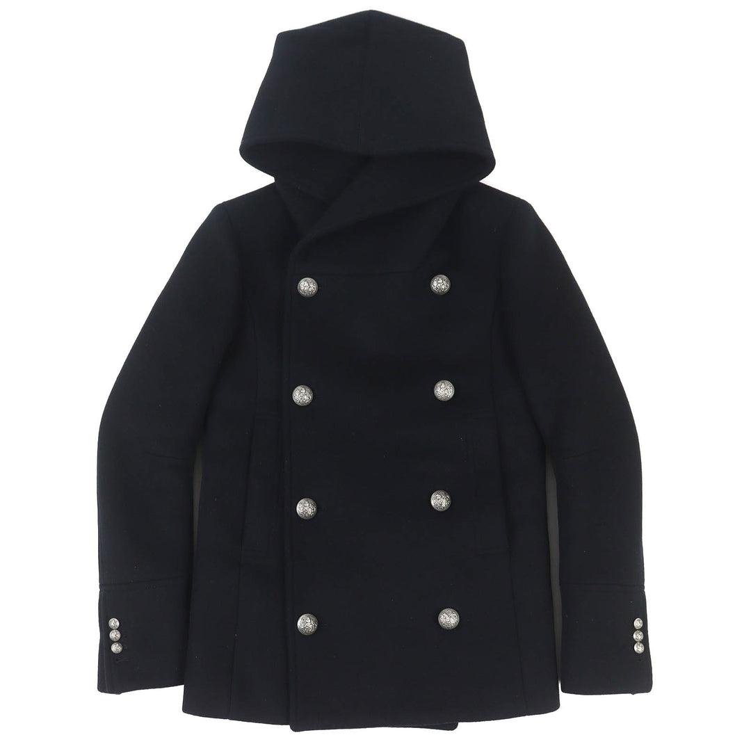 Great BALMAIN Emblem Button Padded Hooded P-Coat black wool mens 44 W5HT862D162