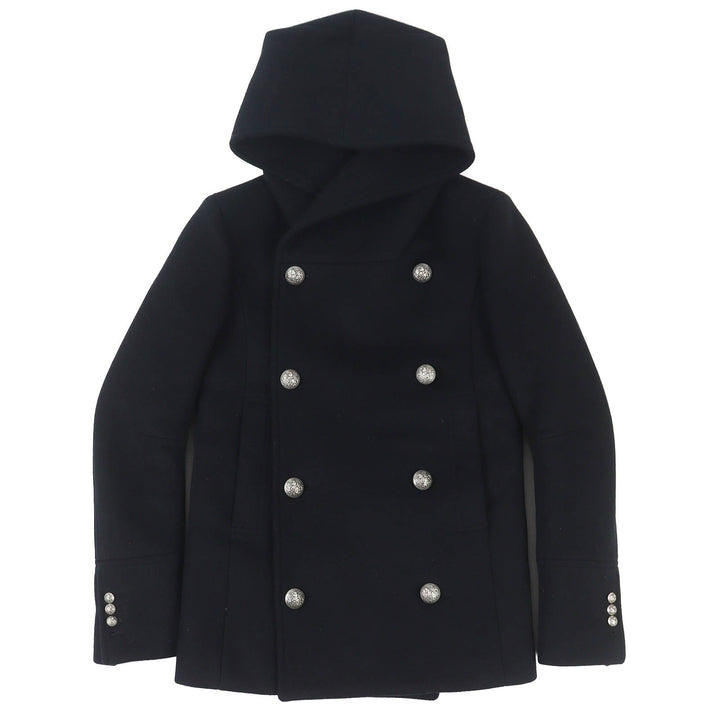 Great BALMAIN Emblem Button Padded Hooded P-Coat black wool mens 44 W5HT862D162