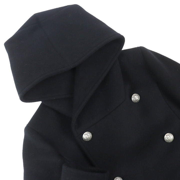 Great BALMAIN Emblem Button Padded Hooded P-Coat black wool mens 44 W5HT862D162