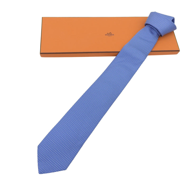Excellent HERMES tie H-pattern jacquard blue silk mens
