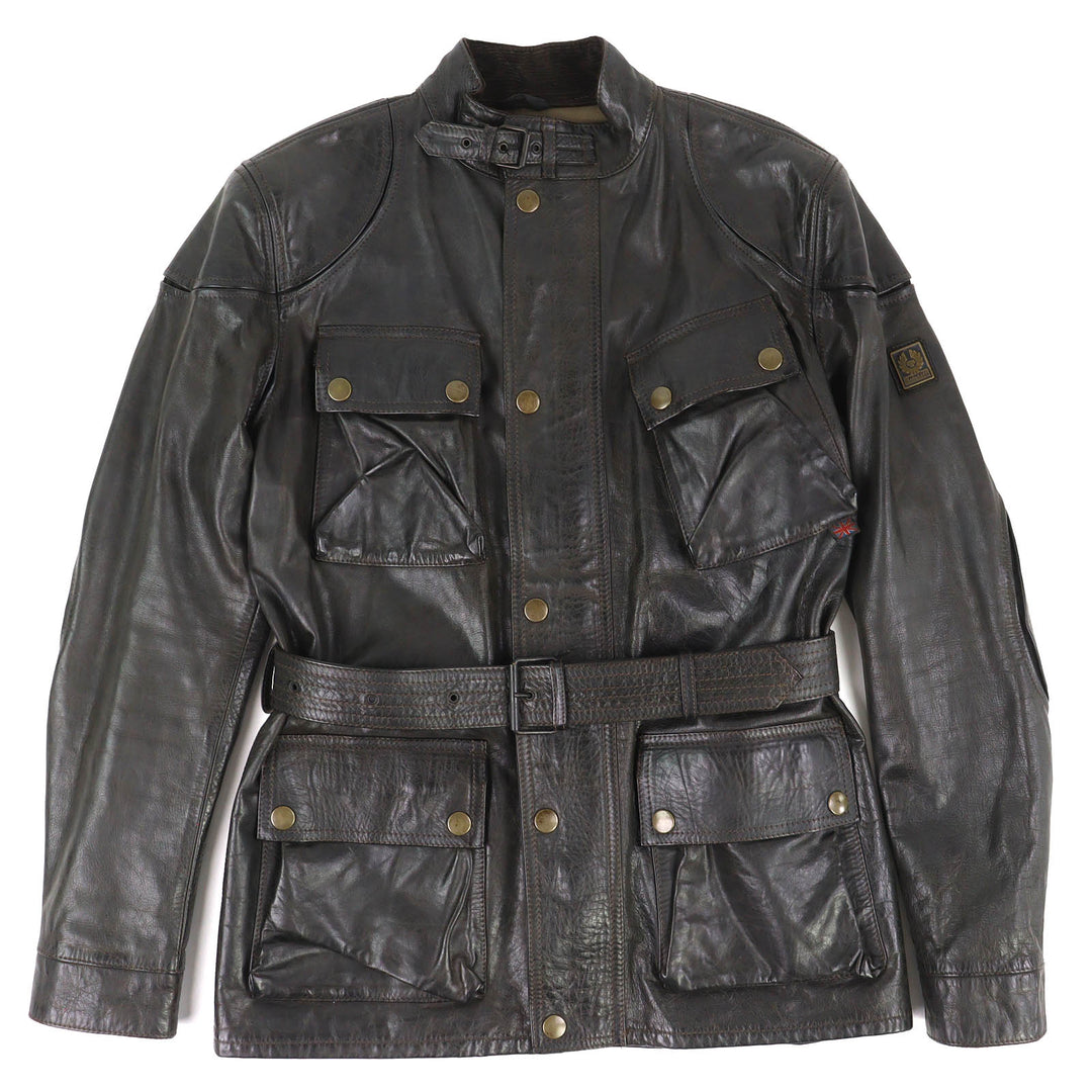 Discounted Very Good BELSTAFF coat motorcycle coat Leather with logo belt Dark brown M