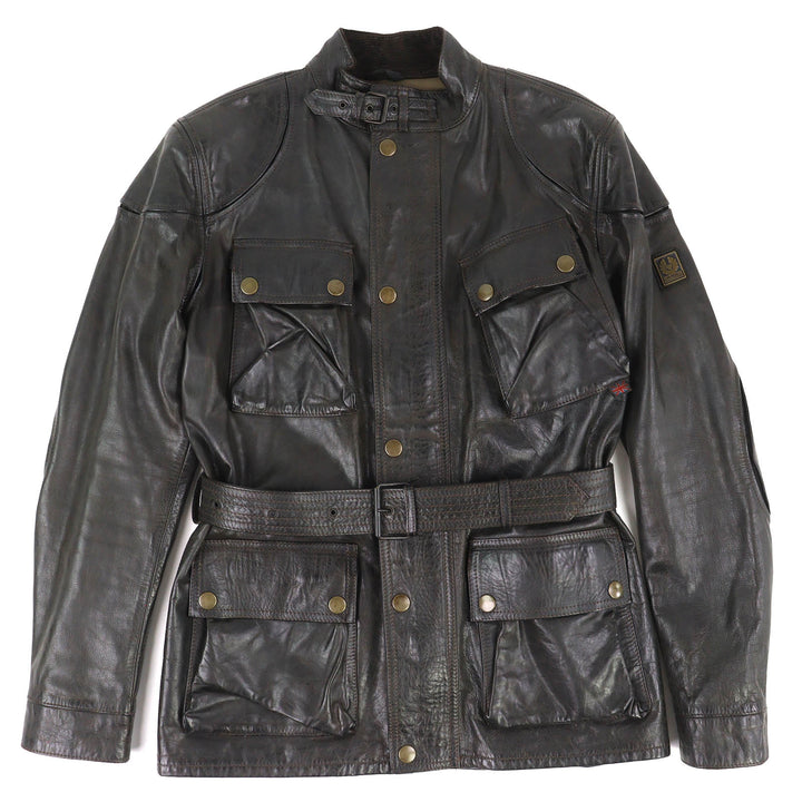 Discounted Very Good BELSTAFF coat motorcycle coat Leather with logo belt Dark brown M