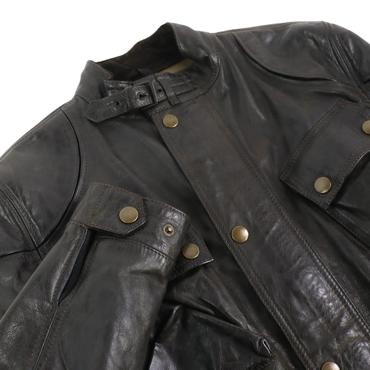Discounted Very Good BELSTAFF coat motorcycle coat Leather with logo belt Dark brown M