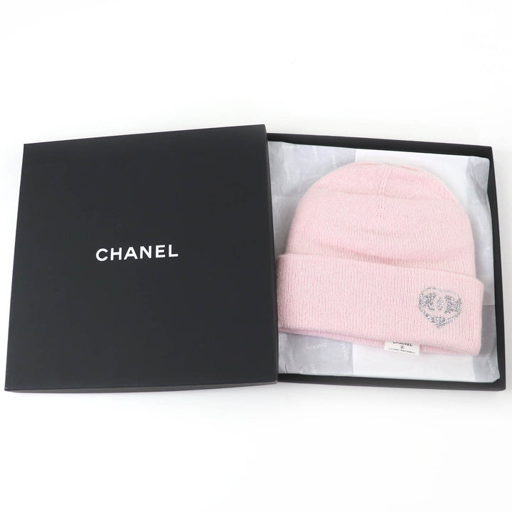 Pristine CHANEL Knit cap COCO Mark Heart Rhinestone pink cashmere Women