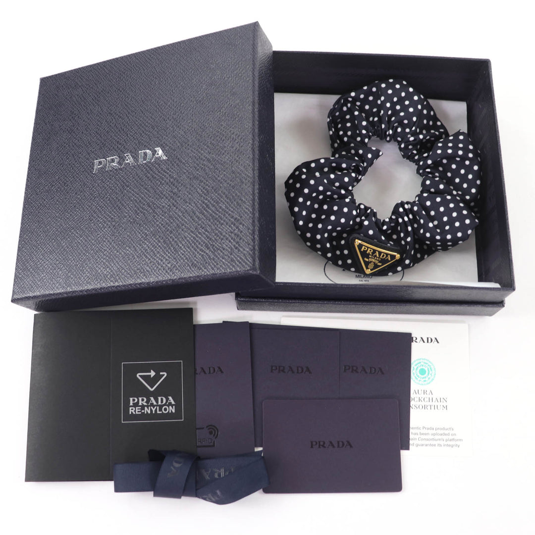 Pristine PRADA hair accessory Triangle logo Tessuto dot pattern scrunchie 1IF015