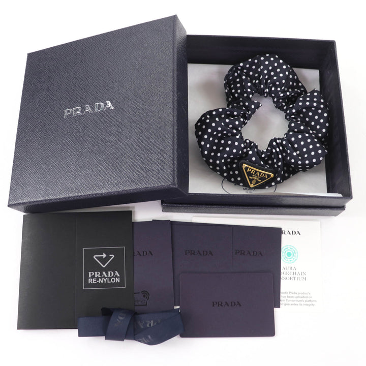 Pristine PRADA hair accessory Triangle logo Tessuto dot pattern scrunchie 1IF015