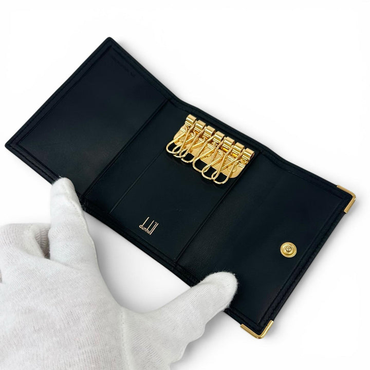 Excellent Dunhill Key holder Plate logo, tri-fold, 6-row black leather mens