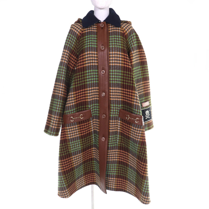 Excellent GUCCI Check Pattern Lining GGPattern Horsebit Long Wool Coat 40 609030