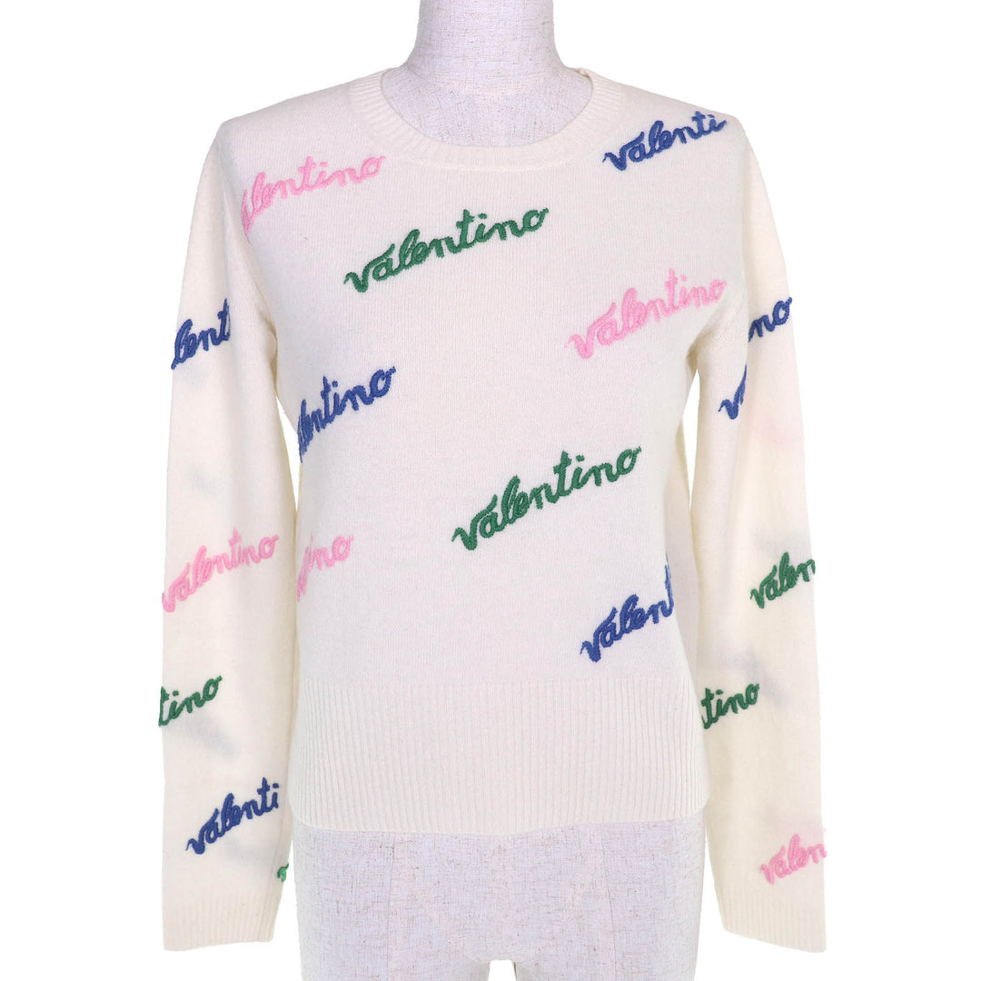 Excellent VALENTINO Logo embroidered longsleeve knit sweater Ivory S RB3KC00STXM