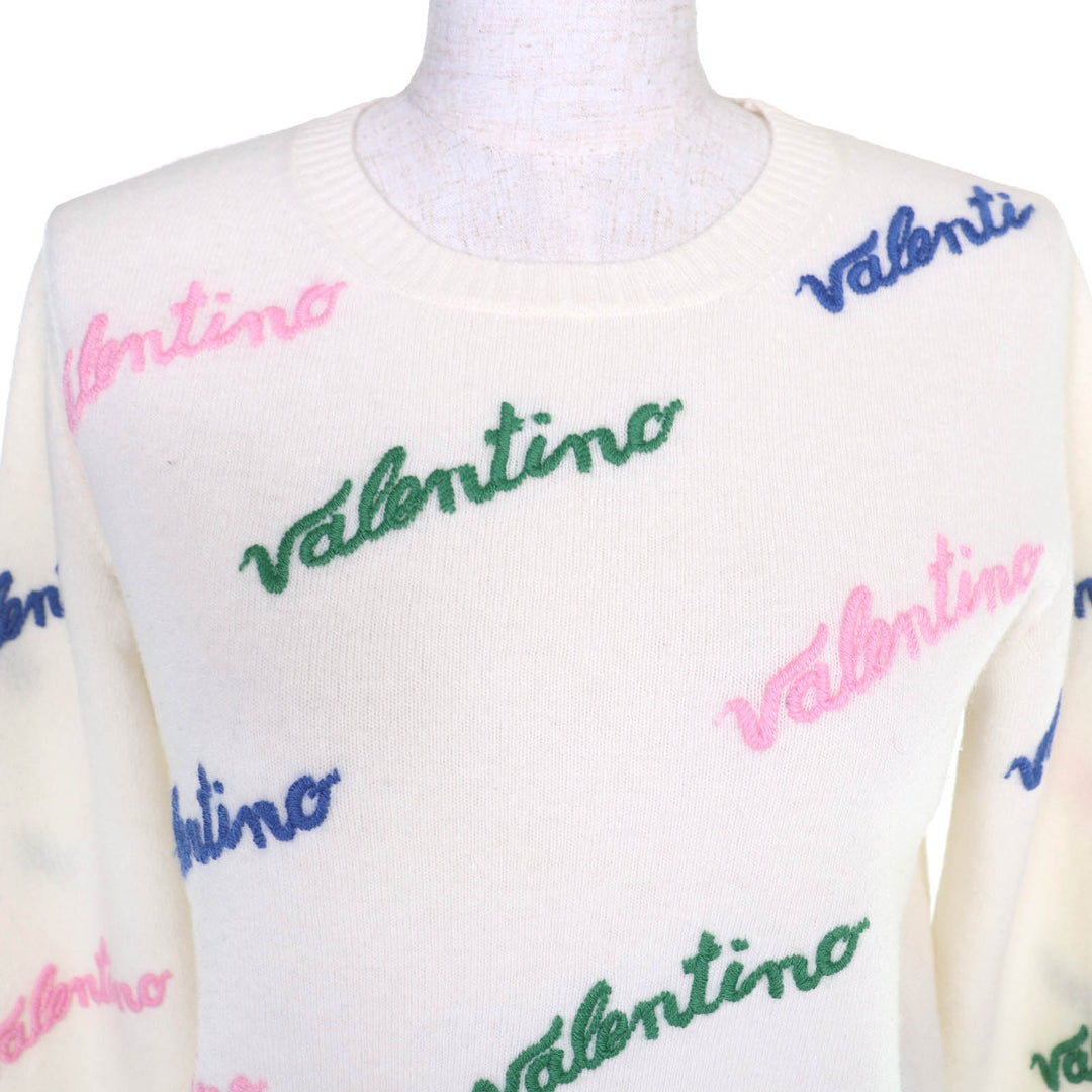 Excellent VALENTINO Logo embroidered longsleeve knit sweater Ivory S RB3KC00STXM