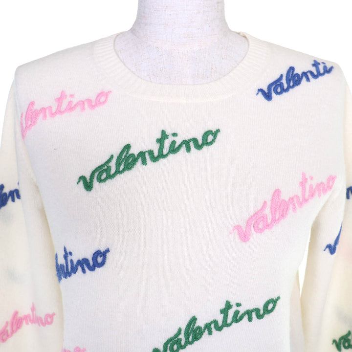 Excellent VALENTINO Logo embroidered longsleeve knit sweater Ivory S RB3KC00STXM