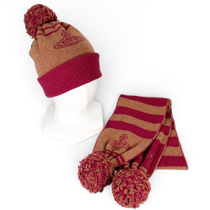 Great Vivienne Westwood Scarf OrbPattern Pom-Pom Scarf and Knit Hat 2-Piece Set