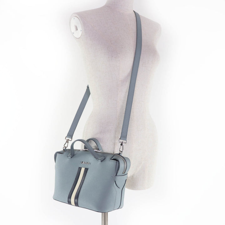 Excellent BALLY Shoulder Bag SUPRA BOWLING Logo Metal Leather 2-way Handbag Blue