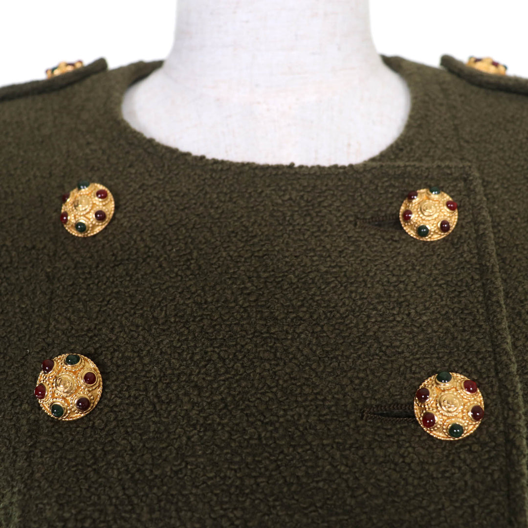 Excellent CHANEL Jacket Tweed Gripoa Buttons khaki wool 36 96A P08304V05122