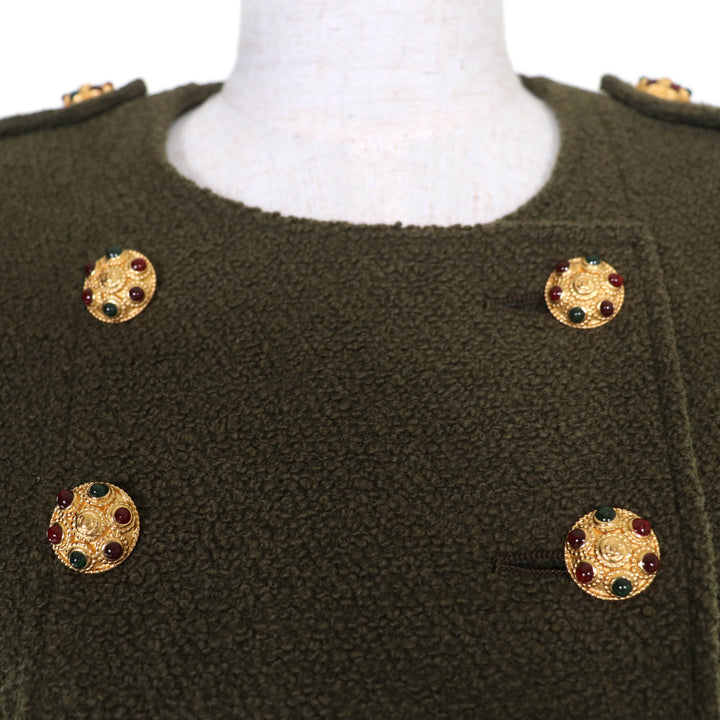 Excellent CHANEL Jacket Tweed Gripoa Buttons khaki wool 36 96A P08304V05122