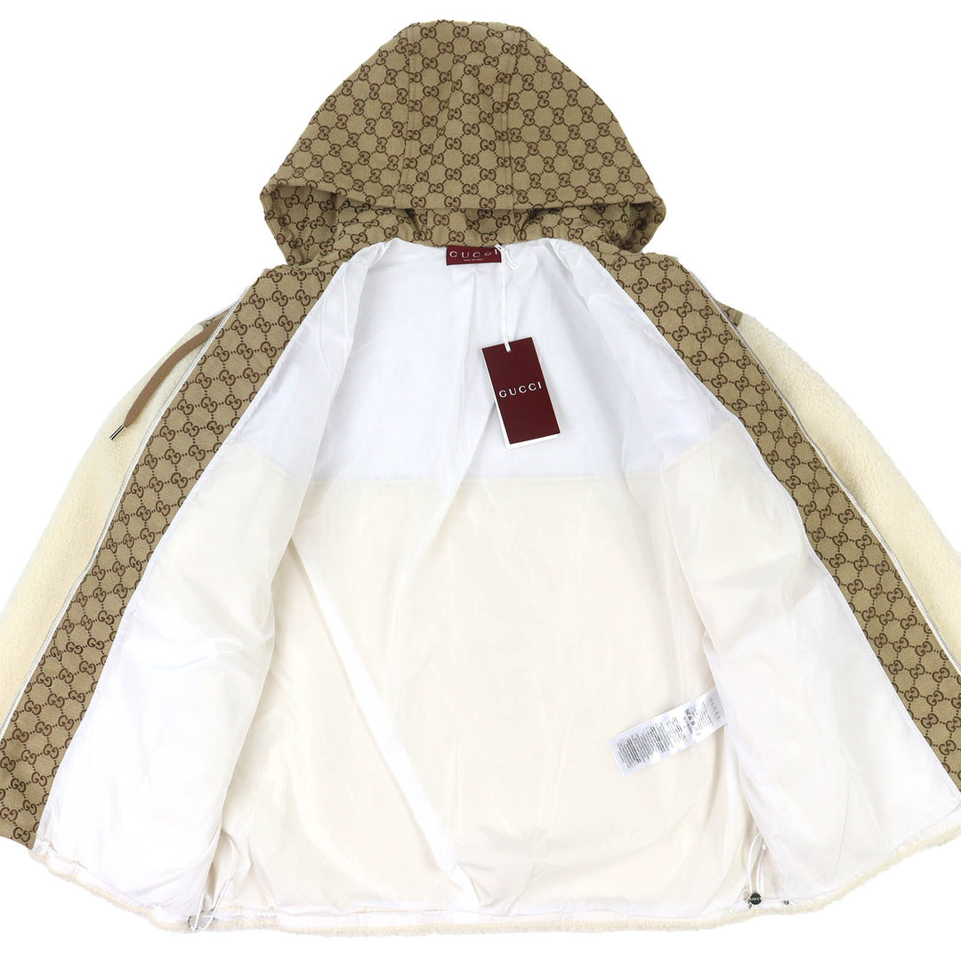 Pristine GUCCI Jacket GG Intarsia Hooded Zip-Up Fleece Jacket Ivory M 798503