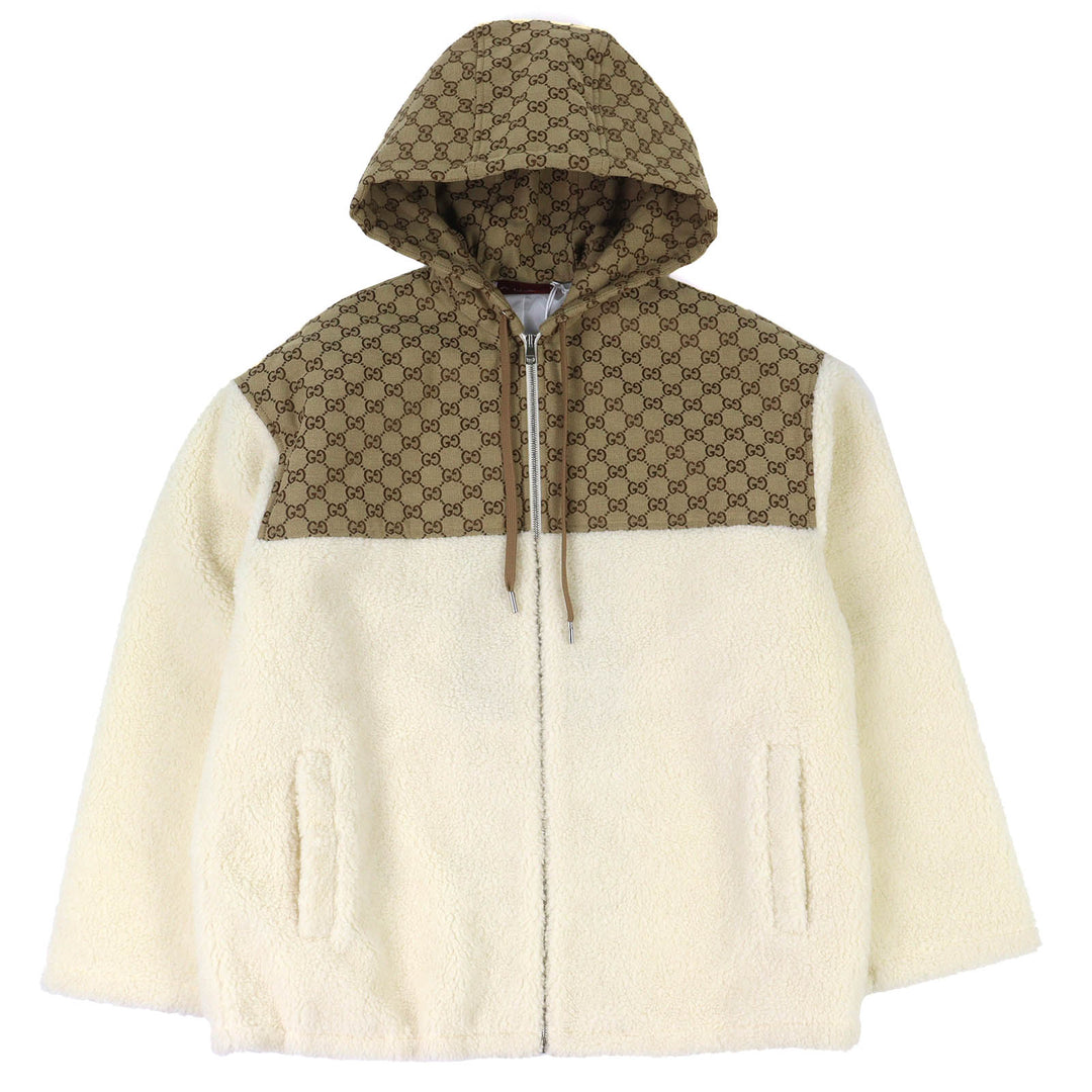Pristine GUCCI Jacket GG Intarsia Hooded Zip-Up Fleece Jacket Ivory M 798503