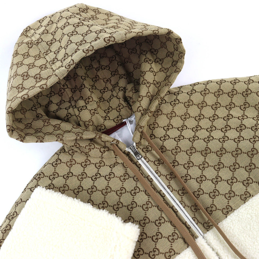 Pristine GUCCI Jacket GG Intarsia Hooded Zip-Up Fleece Jacket Ivory M 798503