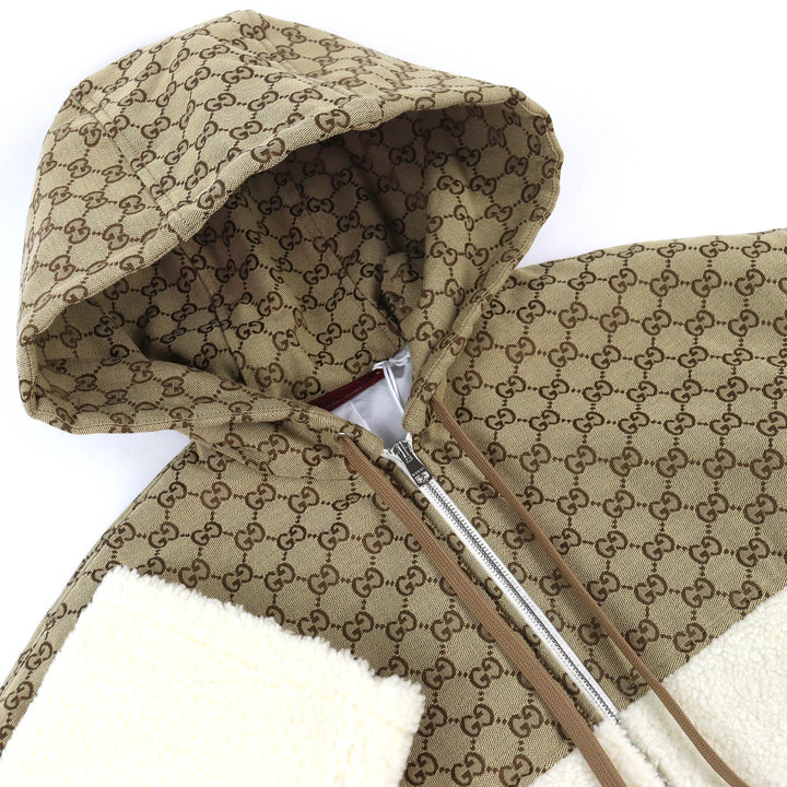 Pristine GUCCI Jacket GG Intarsia Hooded Zip-Up Fleece Jacket Ivory M 798503