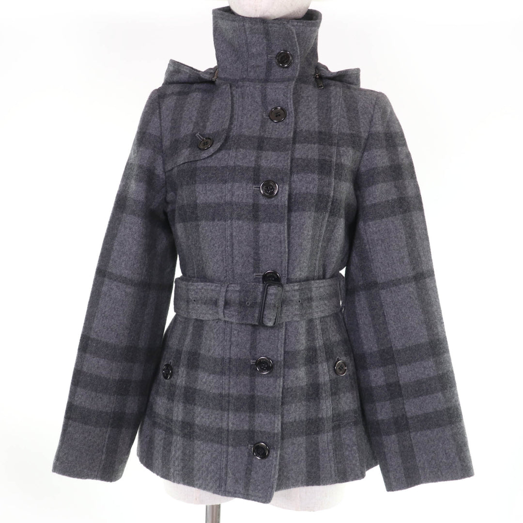 Excellent BURBERRY LONDON coat Check Pattern Belted Hooded Short gray wool 38