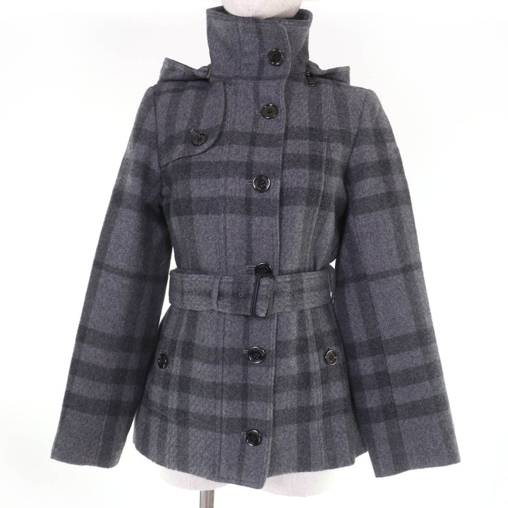 Excellent BURBERRY LONDON coat Check Pattern Belted Hooded Short gray wool 38