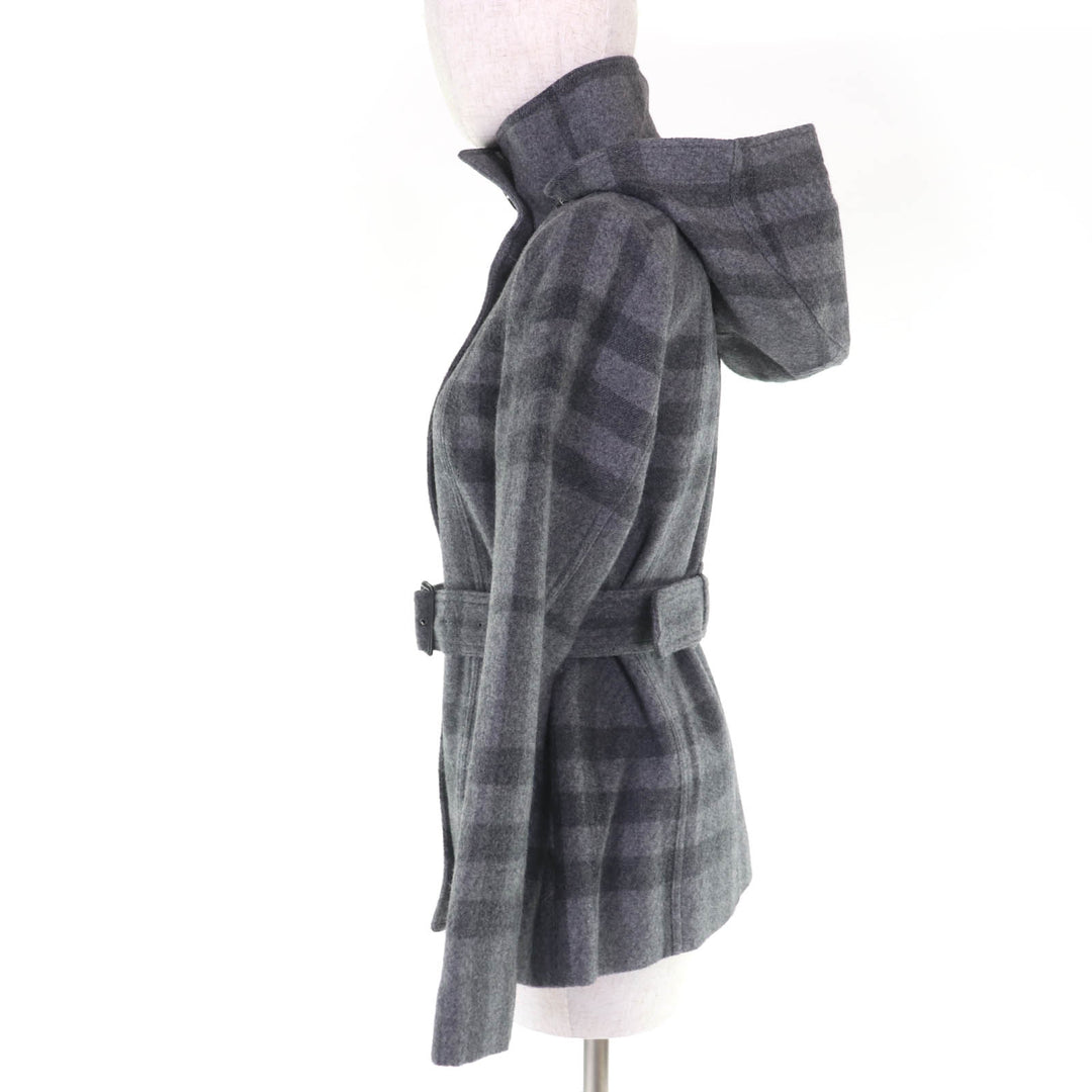 Excellent BURBERRY LONDON coat Check Pattern Belted Hooded Short gray wool 38