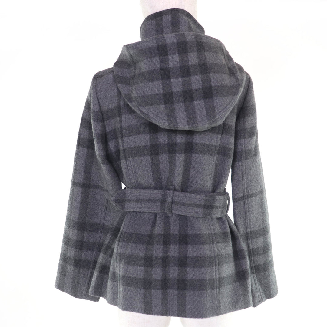 Excellent BURBERRY LONDON coat Check Pattern Belted Hooded Short gray wool 38