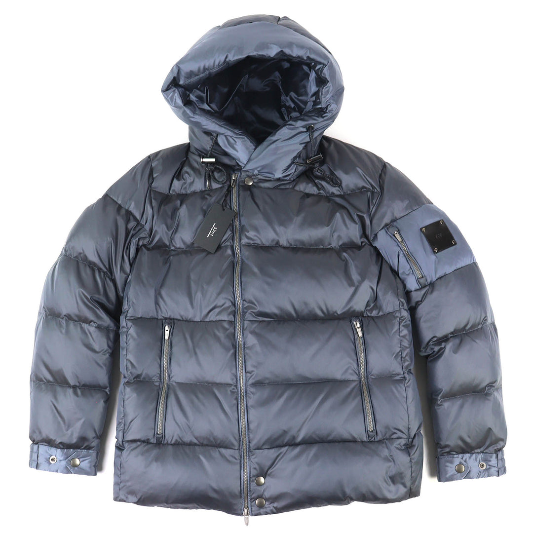 Pristine 5351 Down jacket Logo leather patch hooded zip-up Blue gray mens 46