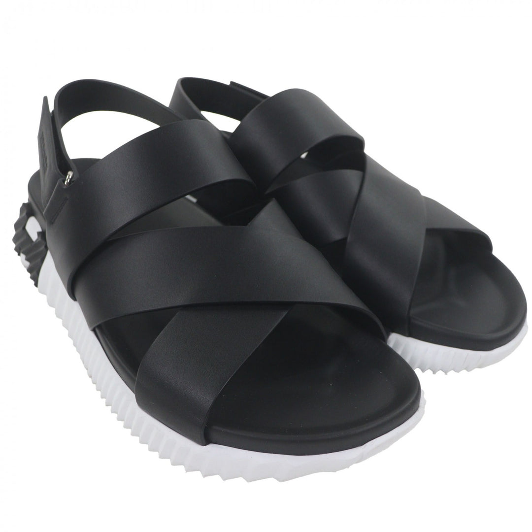 Great HERMES Sandals Electric Logo-engraved strap black leather mens 44