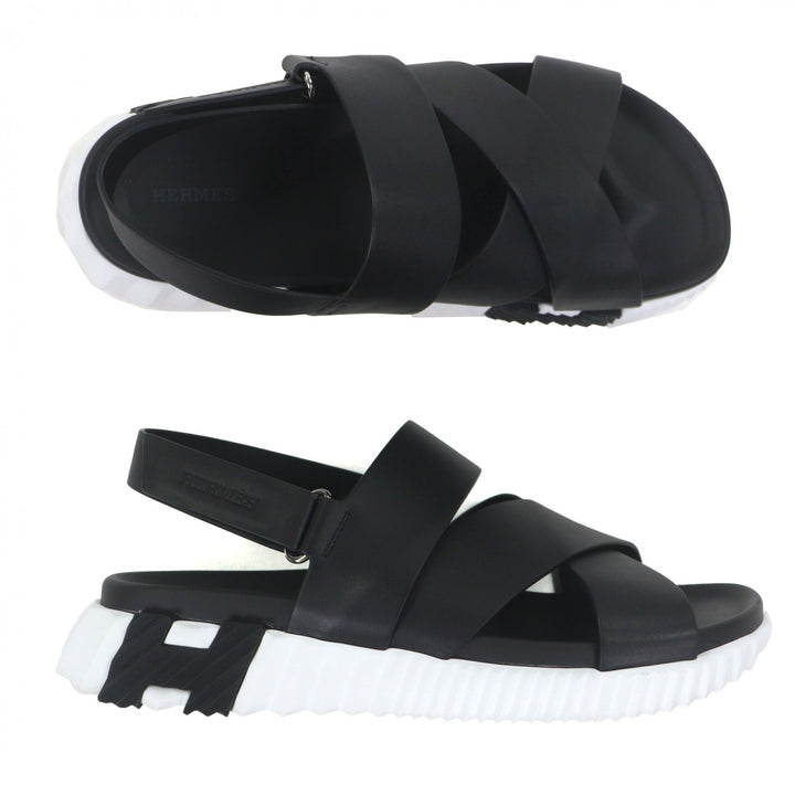 Great HERMES Sandals Electric Logo-engraved strap black leather mens 44