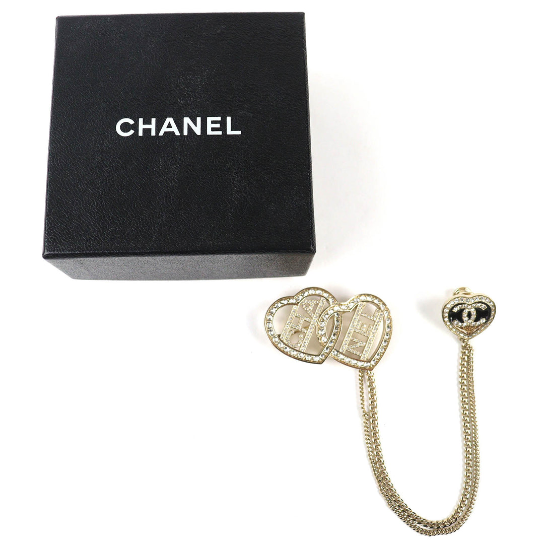 Excellent CHANEL Brooch COCO Mark Metal Strass Double Heart Chain C23B ABB655