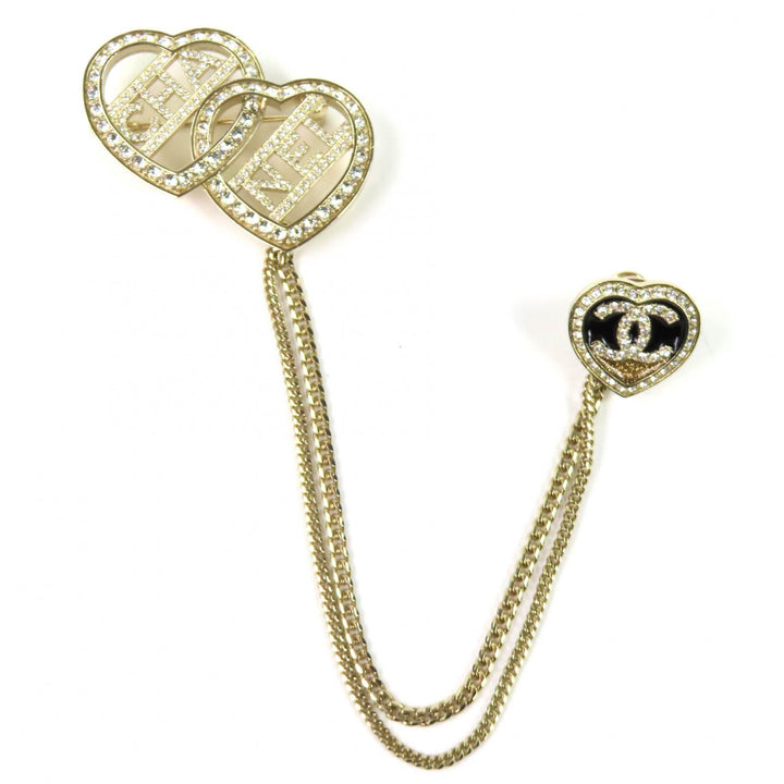 Excellent CHANEL Brooch COCO Mark Metal Strass Double Heart Chain C23B ABB655