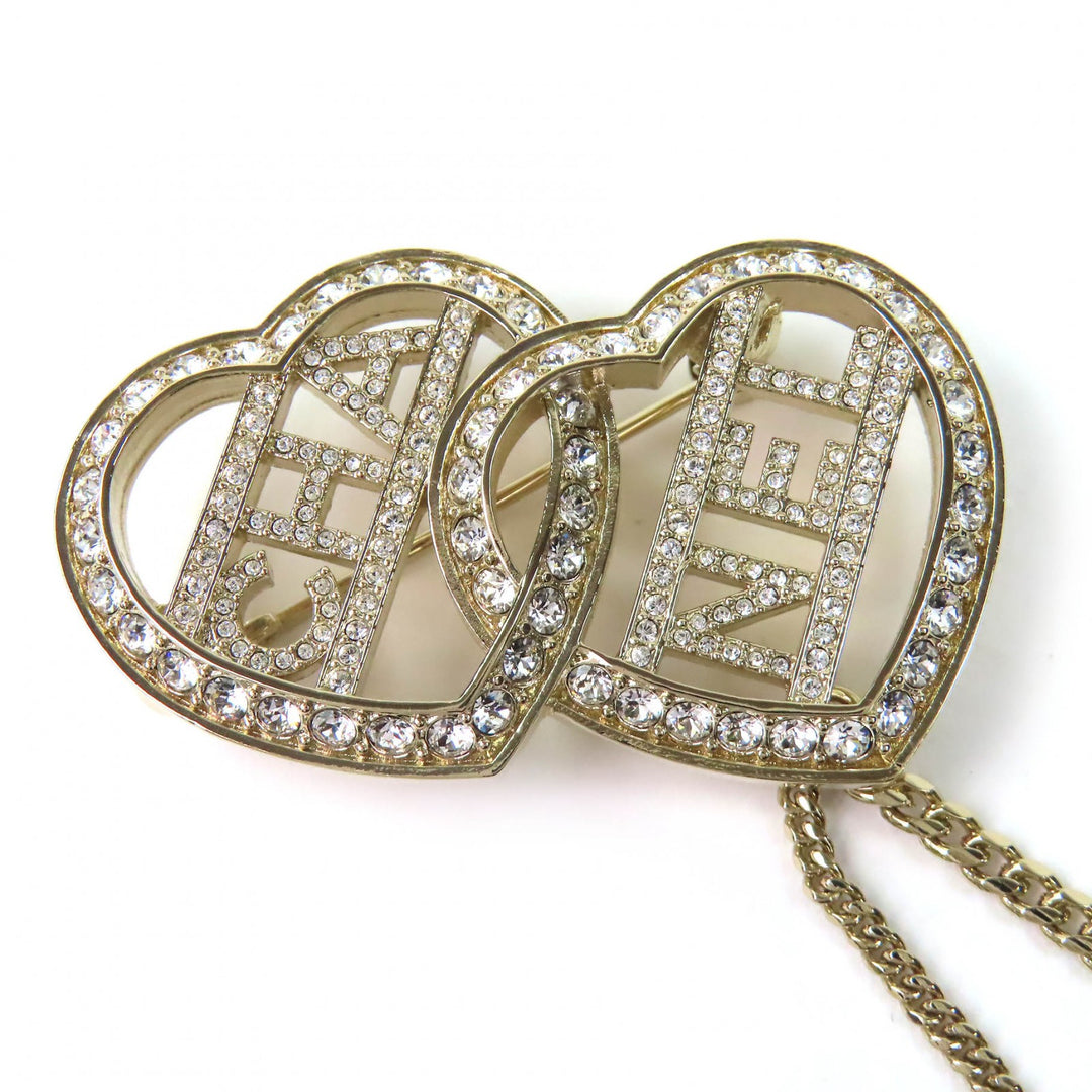 Excellent CHANEL Brooch COCO Mark Metal Strass Double Heart Chain C23B ABB655